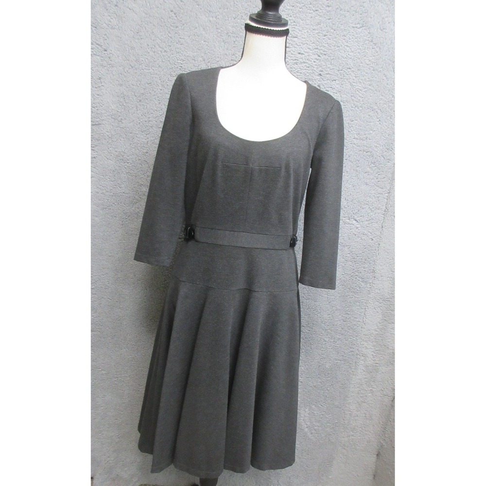 Ann Taylor Dress Womens 6 Gray Fit & Flare 3/4 Sleeve Scoop Neck Belted Knit